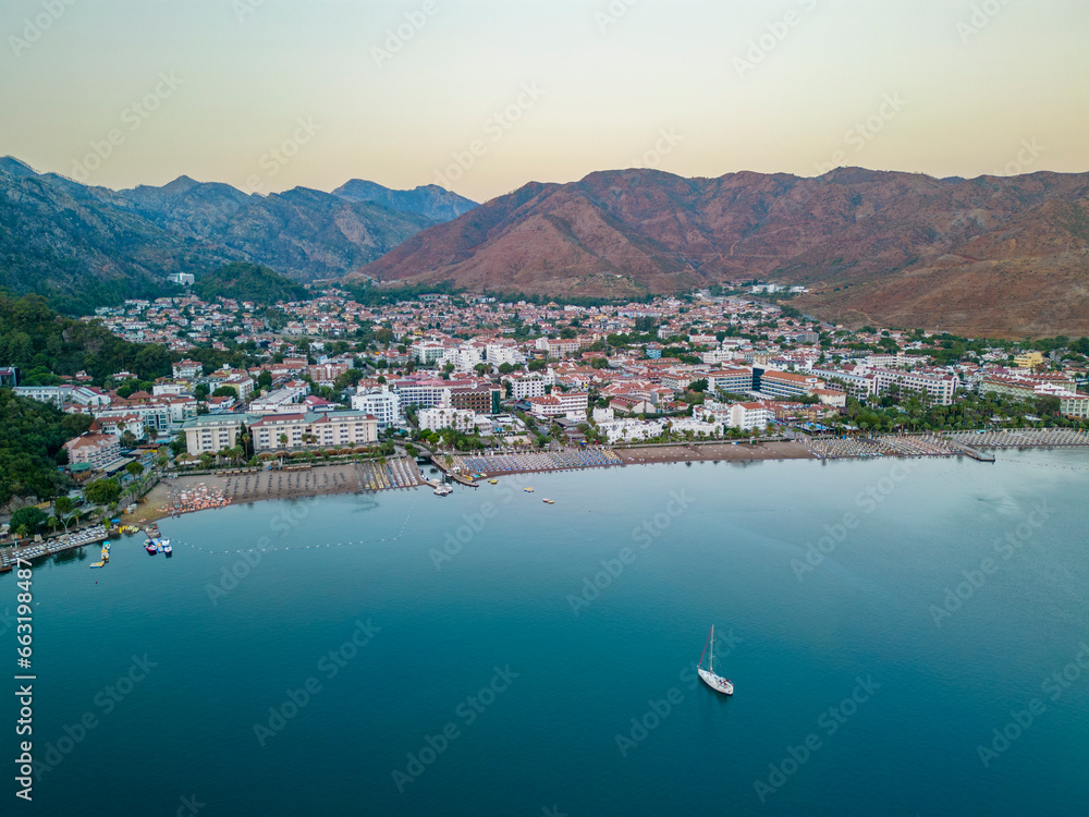 İcmeler Bay drone view in Marmaris Town of Turkey