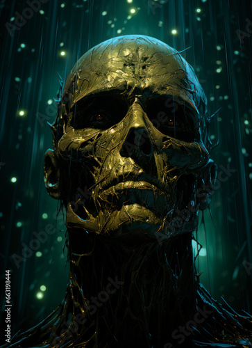 Zombie Man in the Dark. Portrait of a Dead Man. Halloween Art. Dark Art. Horror Art. Zombie wiht Fireflies. Generative AI. 