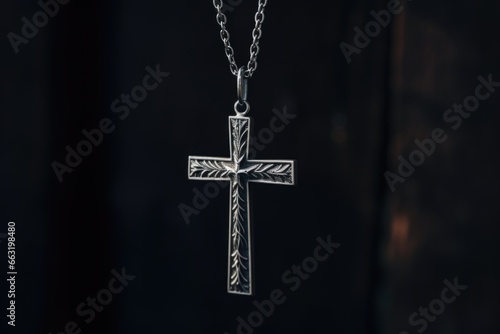 close-up of a silver crucifix pendant on a chain