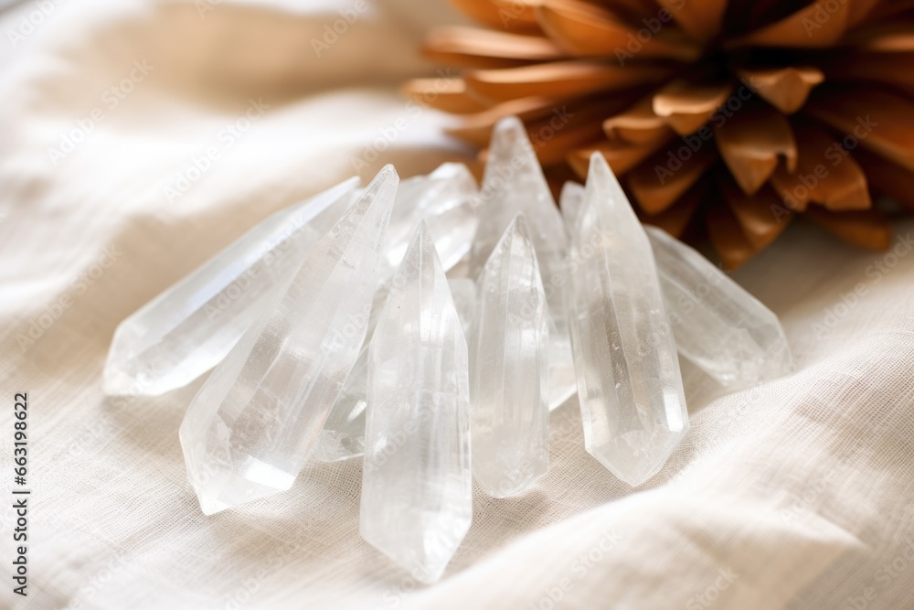 clear quartz points on a white linen cloth clear quartz points on a white linen cloth