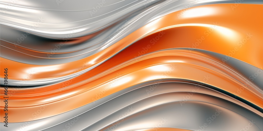 Naklejka premium Silver and orange chrome metal fluid, waves, background 