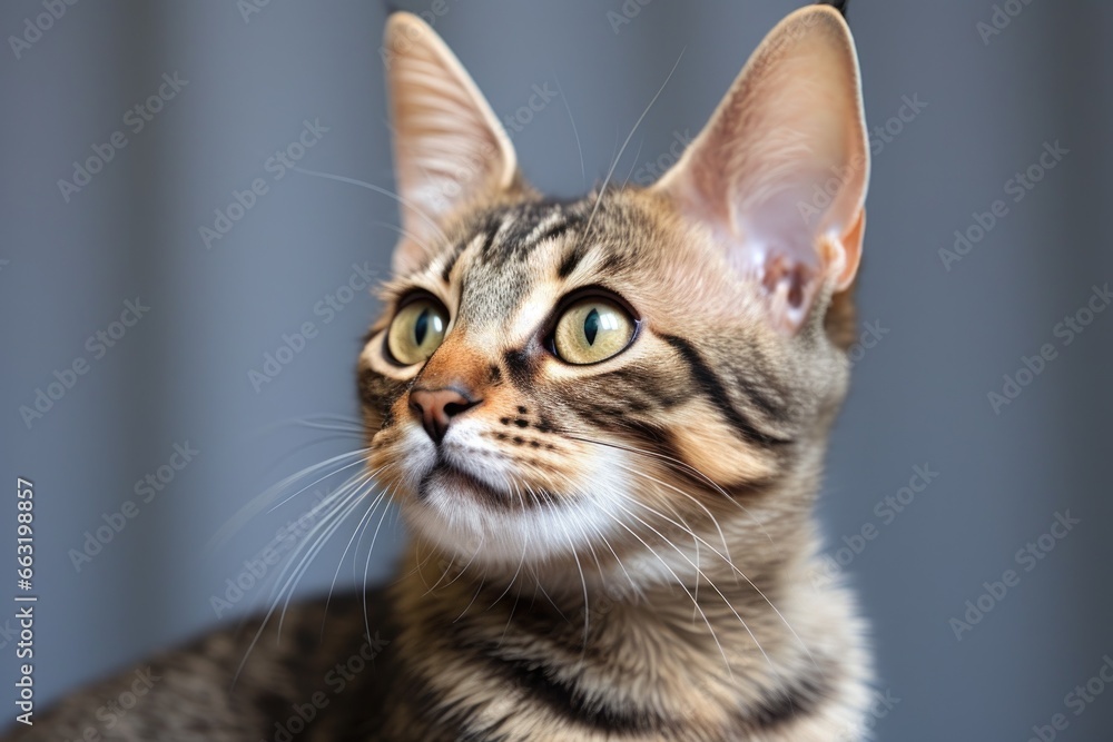 close-up of a cat with its ears pointed up, attentive