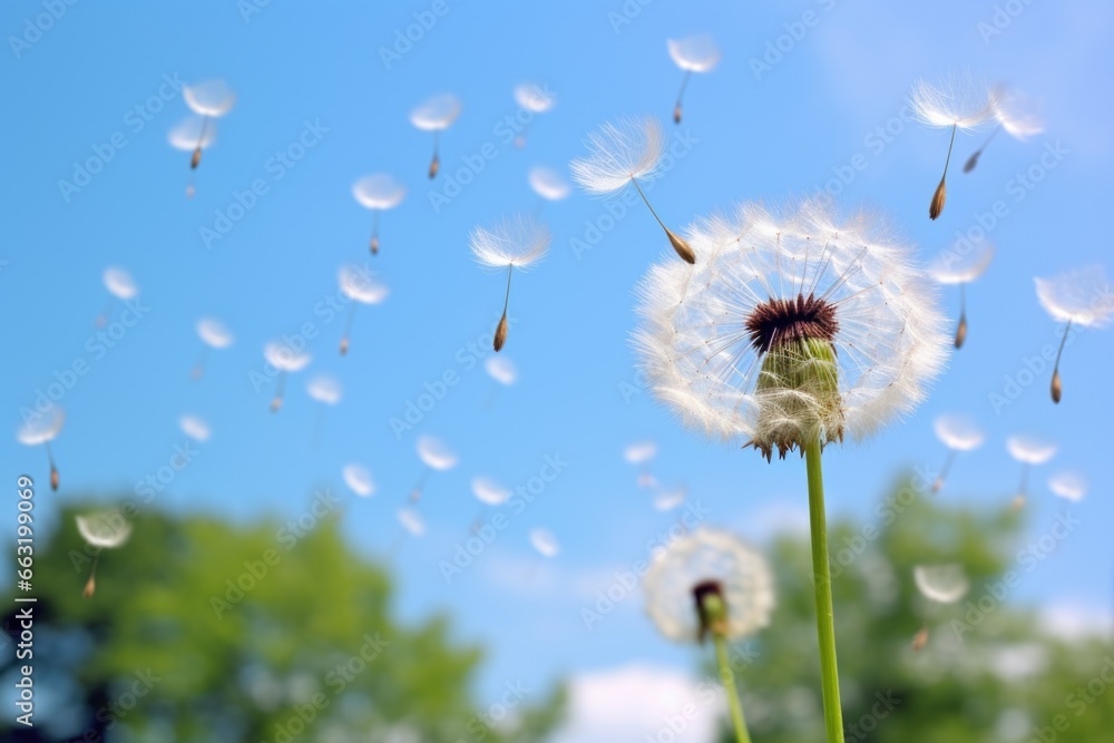 Obraz premium close-up: dandelion seeds blown by wind