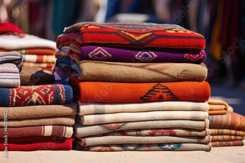 traditional moroccan rugs stacked at an outdoor market