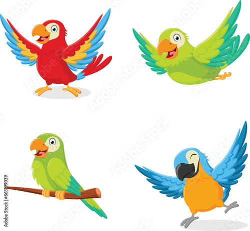 Set of Cute Parrot cartoon collection, isolated on white background