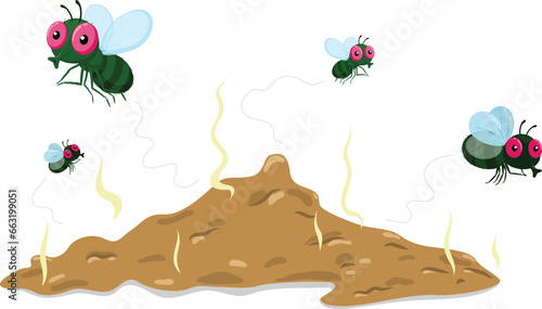 Cartoon flies flying from stinky poop, isolated on white background