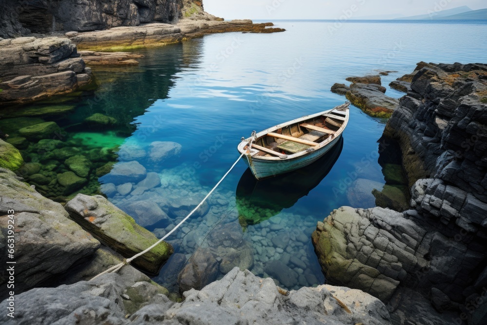 a boat docked at an unexplored coastline