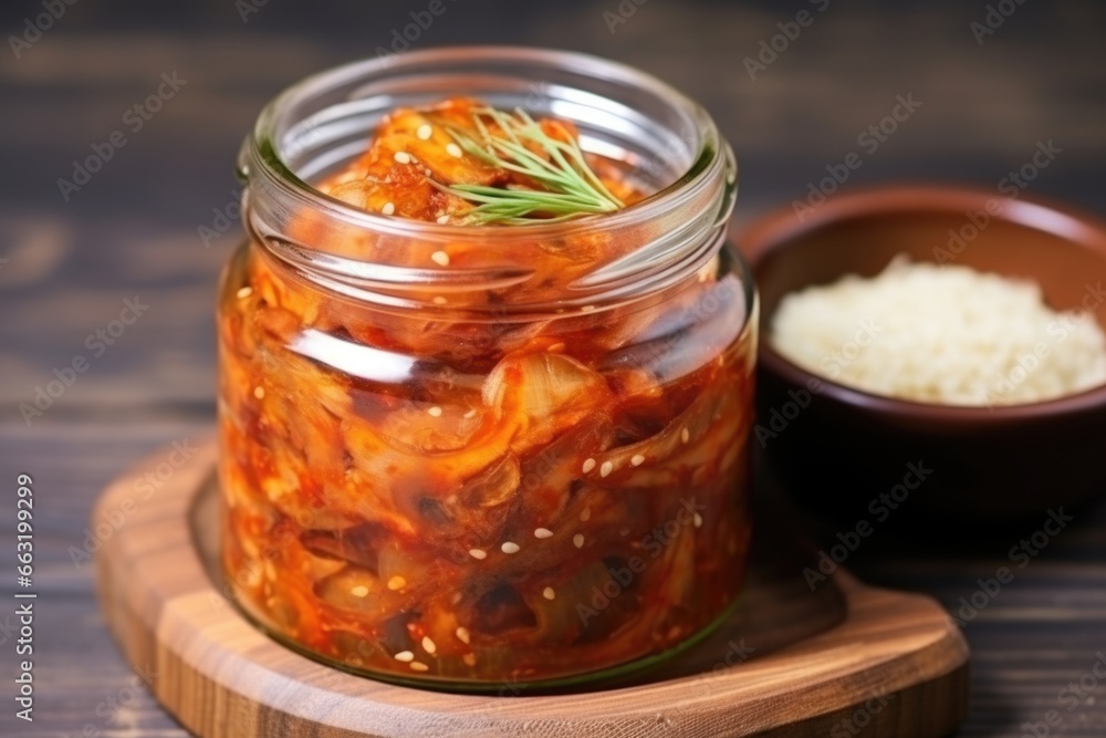 korean kimchi in glass jar on wooden surface korean kimchi in glass jar on wooden surface