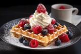freshly made belgian waffles with berries and cream