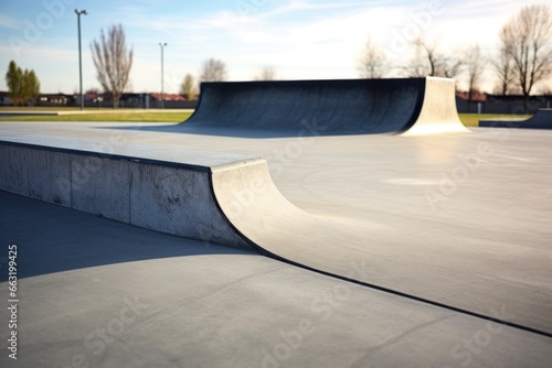 skateboard on an empty skate park ramp