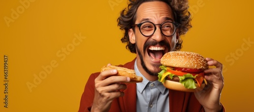 A pleased male indulging in a juicy and appetizing burger