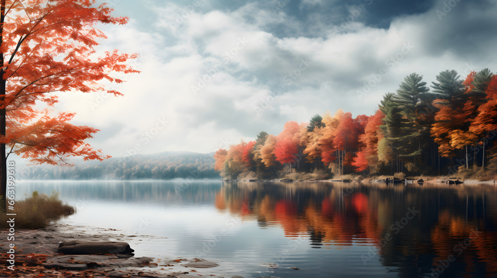 colorful autumn landscape with lake