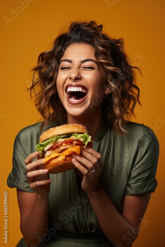 A pleased female indulging in a succulent and tasty burger