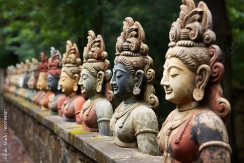 multiple stone sculptures of hindu gods in a row