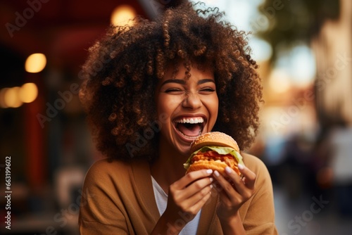 A happy woman taking a bite of a mouthwatering and delightful burger