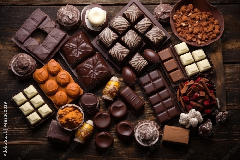 flat lay of an assortment of chocolates on a dark wooden table flat lay of an assortment of chocolates on a dark wooden table