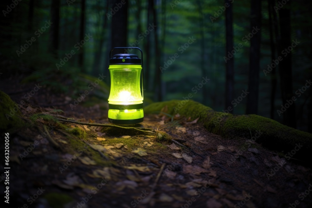 a bright camping lantern in a night time forest scene a bright camping lantern in a night time forest scene