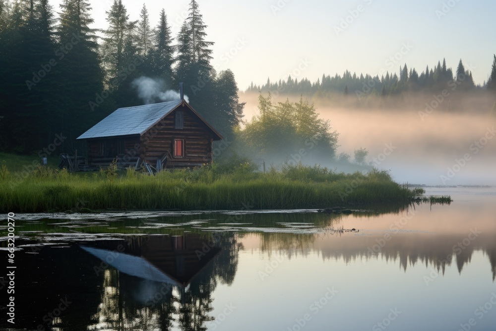 Fototapeta premium fishing cabin by a misty lake during early morning light