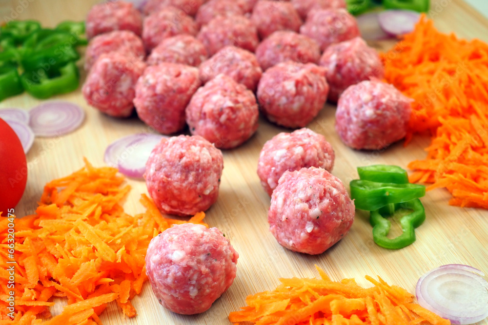 Raw Pork Meatballs and Fresh Vegetables - Ingredients for Spanish Tapas Raw Pork Meatballs and Fresh Vegetables - Ingredients for Spanish Tapas