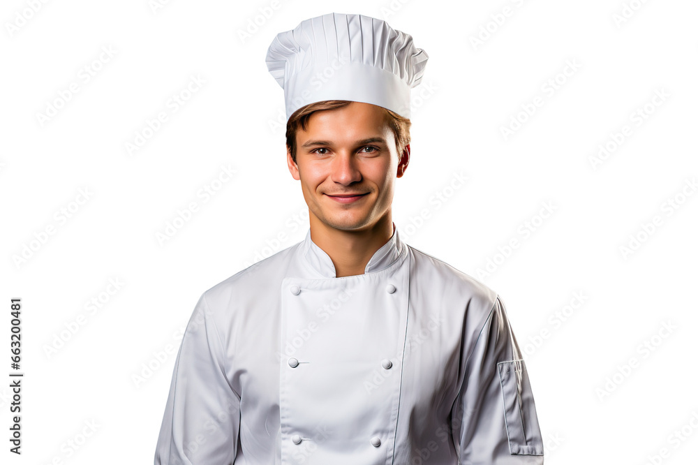 portrait of a smiling male chef in chef's hat and black jacket portrait of a smiling male chef in chef's hat and black jacket