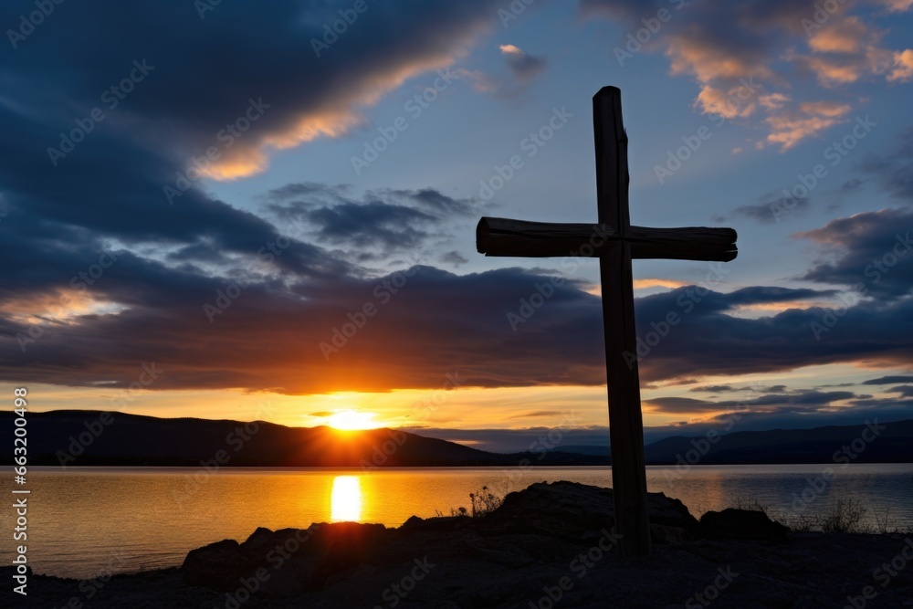 a wooden cross against a dramatic sunset backdrop