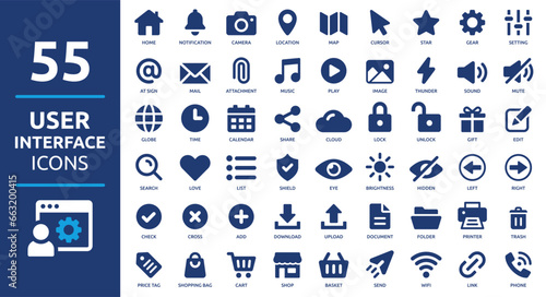 User interface icon set. Basic UI and UX solid icons design. Pack of vector symbol illustration collection.