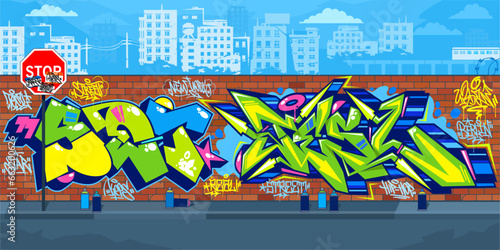 Outdoor Urban Streetart Graffiti Wall With Drawings Against The Background Of The Cityscape Vector Illustration
