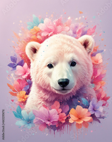 Digital illustration of a polar bear, a composition on a background of beautiful pink-purple flowers with a drawing effect, background for postcards and posters © Наталья Евстигнеева