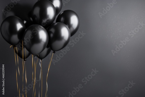 Black balloons with space for text on grey background. 3 d render.