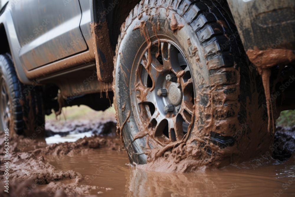 wheels of a vehicle getting stuck in deep mud