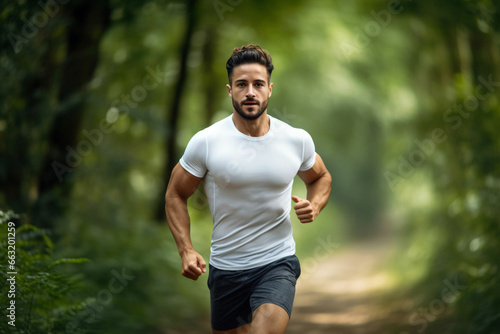 Fitness, man and running in nature for healthy exercise, training and workout in the outdoors, Active, athletic male runner in sports taking a jog in the forest or park for health and cardio wellness