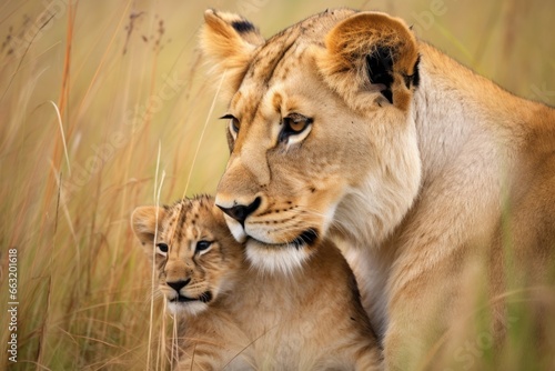 a lioness comforting a cub in a grassland