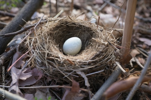 a feathered nest with a single egg inside