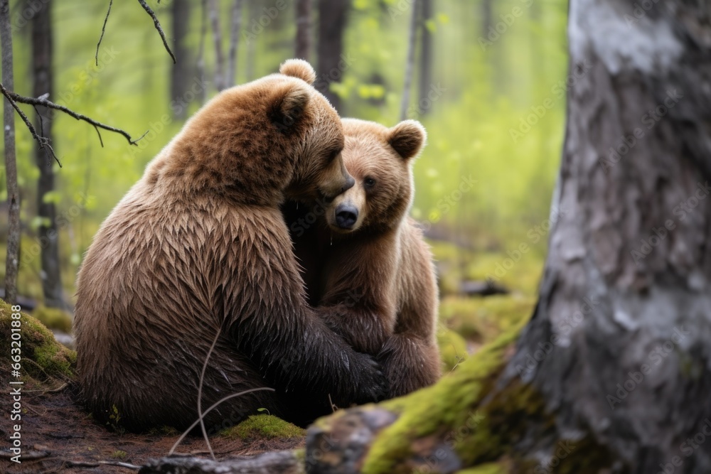 Fototapeta premium bears hugging in the forest show closeness