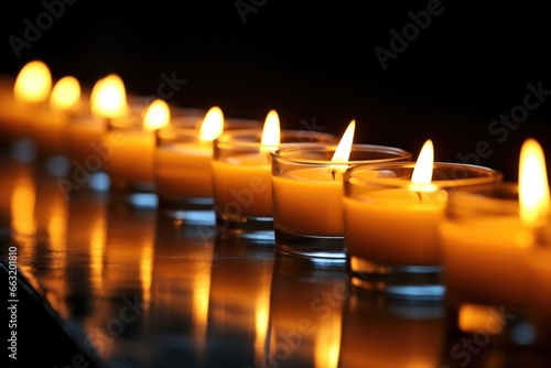 a row of scented candles flickering in a dark room