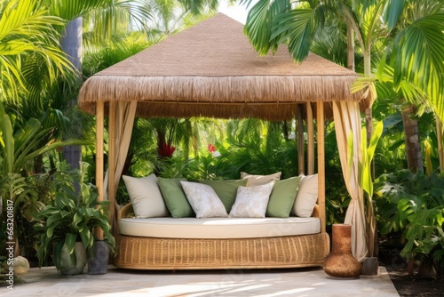 tropical backyard with a rattan daybed