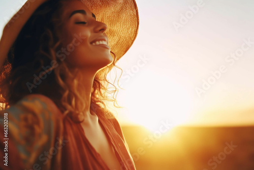 Freedom, flare and sky with a woman outdoor at sunset during summer to relax with fresh air and sunshine, Happy, carefree and mockup with a young female feeling relaxed outside in the morning