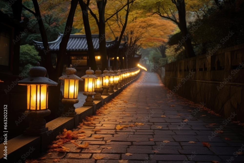 Obraz premium illuminated path lined with stone lanterns