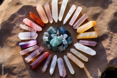 crystals organized in a circle on a stone slab