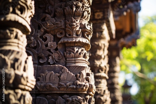 close-up of intricate carvings on a pagodas pillar
