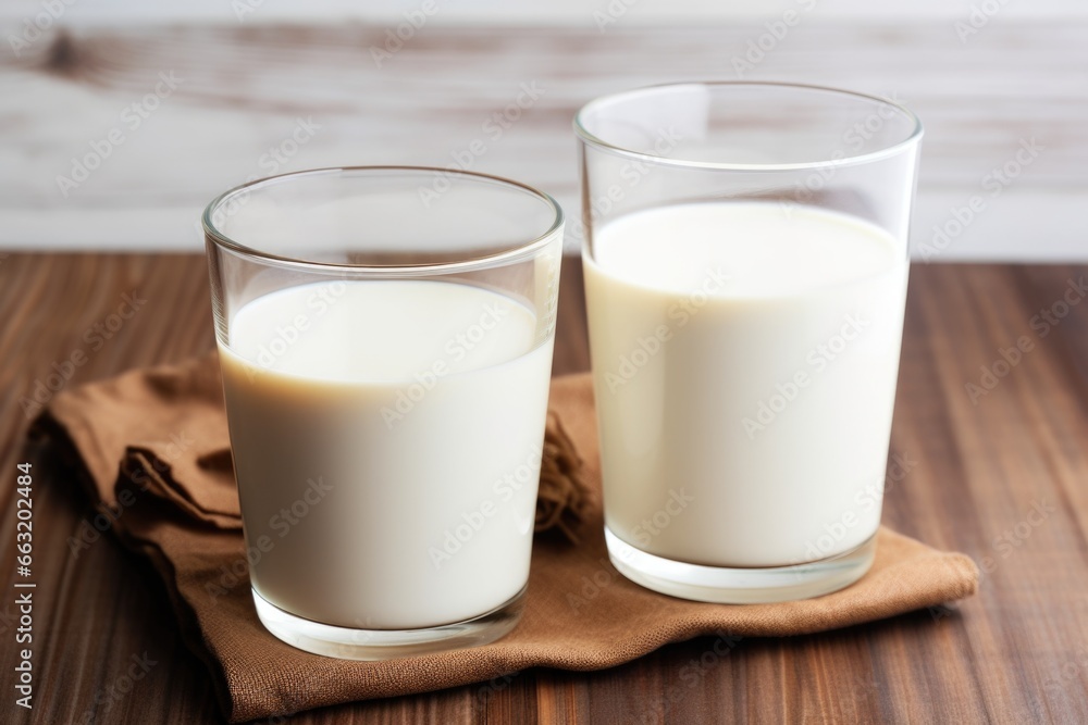 two cups of coffee next to a cup of milk two cups of coffee next to a cup of milk