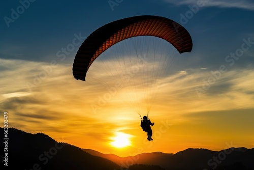 paraglider silhouette taking off at sunrise