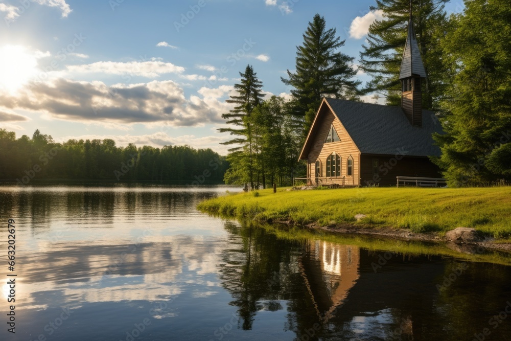 a youth camp chapel by a lake