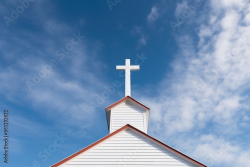 white church cross rising against a blue sky