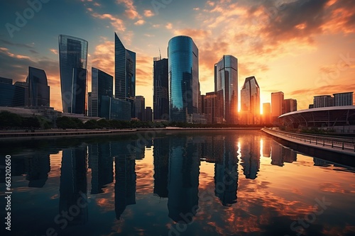 Abstract city skyline with modern high rise buildings skyscrapers reflected on calm water of river near bridge against cloudy sunset sky with copy space. AI Generative © Vilaysack