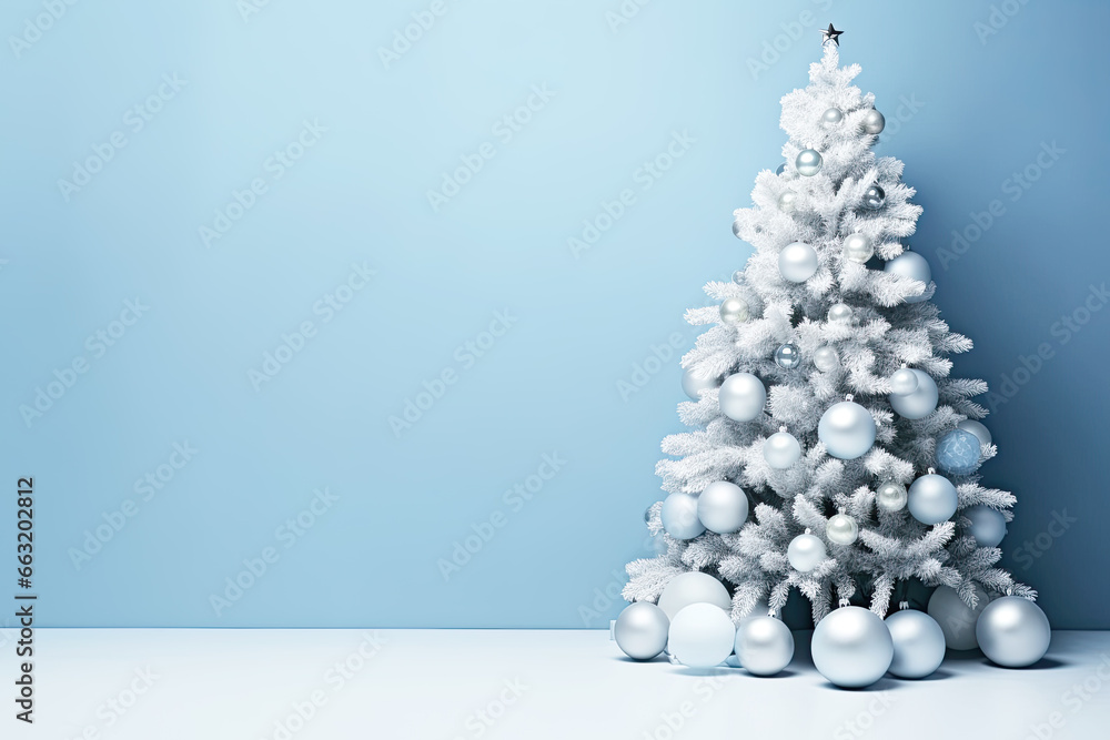 Silver beautiful christmas tree decorated with beautiful shiny baubles Silver beautiful christmas tree decorated with beautiful shiny baubles