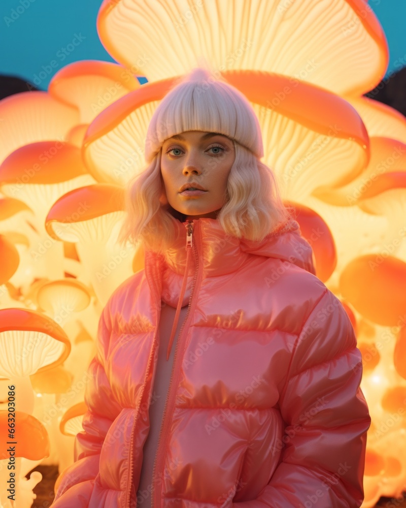 Foto De Radiant In Her Pink Puffy Coat A Beautiful Woman Braves The Winter Chill As She Stands
