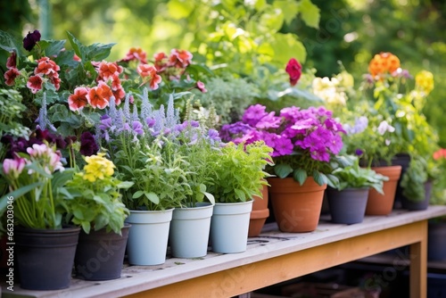 a variety of perennials in containers on a wooden shelf © altitudevisual