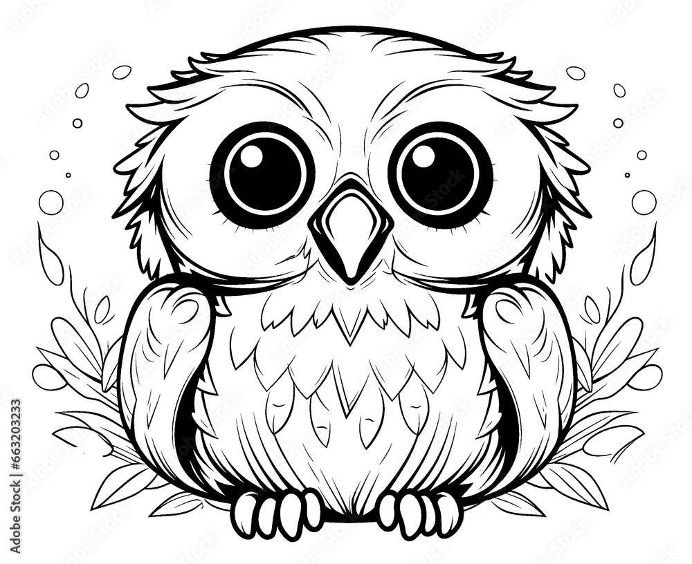 Fototapeta premium Black and white illustration for coloring birds, owl.