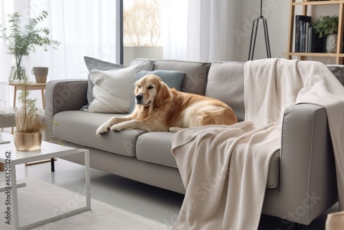 a pet blanket spread out on a couch in a modern apartment